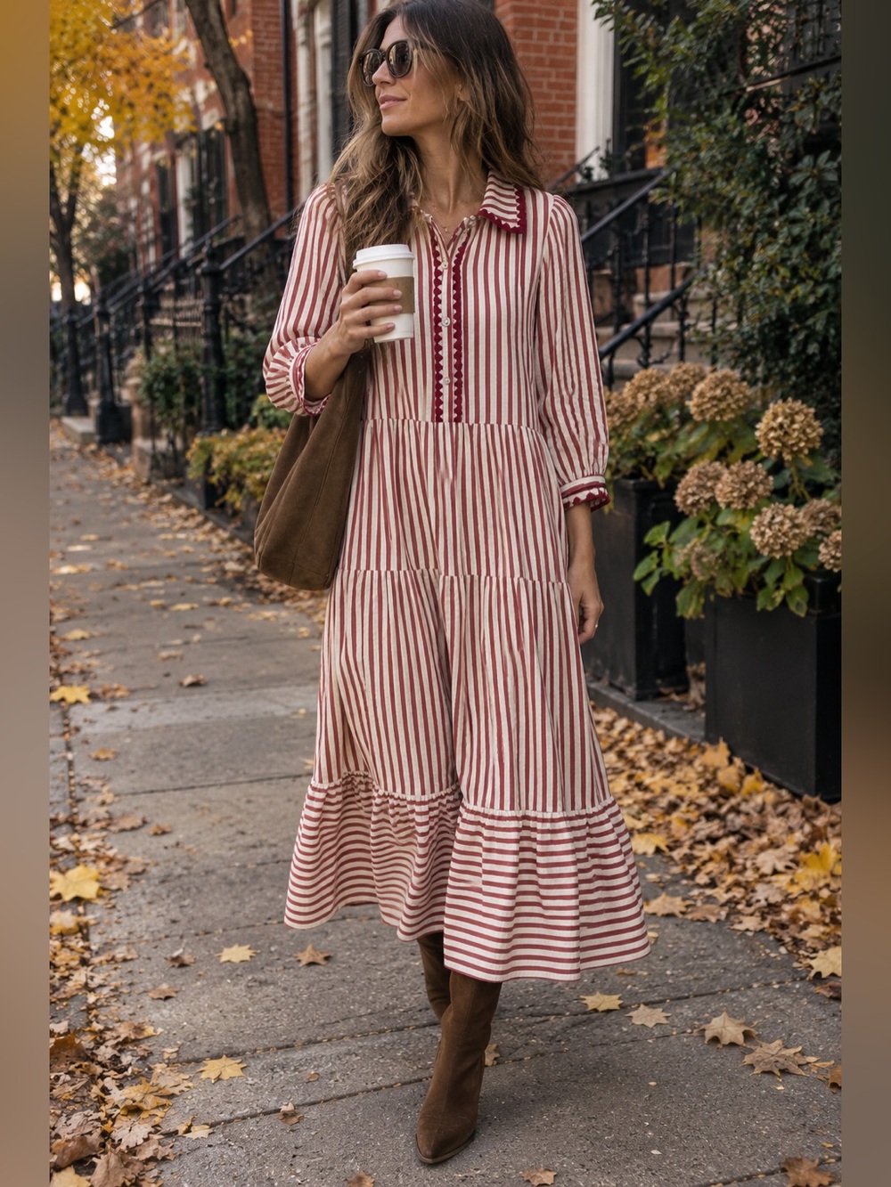 Entro Red & White Striped Ric Rac Trim Collared Tiered Midi Maxi Dress